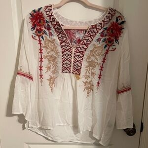 Johnny Was White Blouse with Red Embroidery